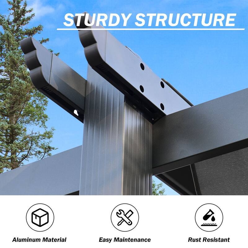 Aoodor Outdoor Pergola with Retractable Shade Canopy, Dark Gray Matte Aluminum Frame