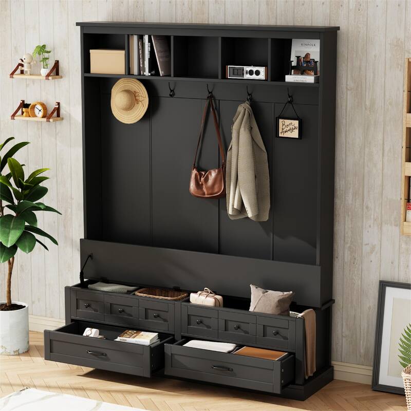 Modern Storage Rack with Black Handles, 5 Hooks, 3-in-1 Coat Rack with 2 Drawers, Ideal for Living Room, Entryway, Hallway - Black