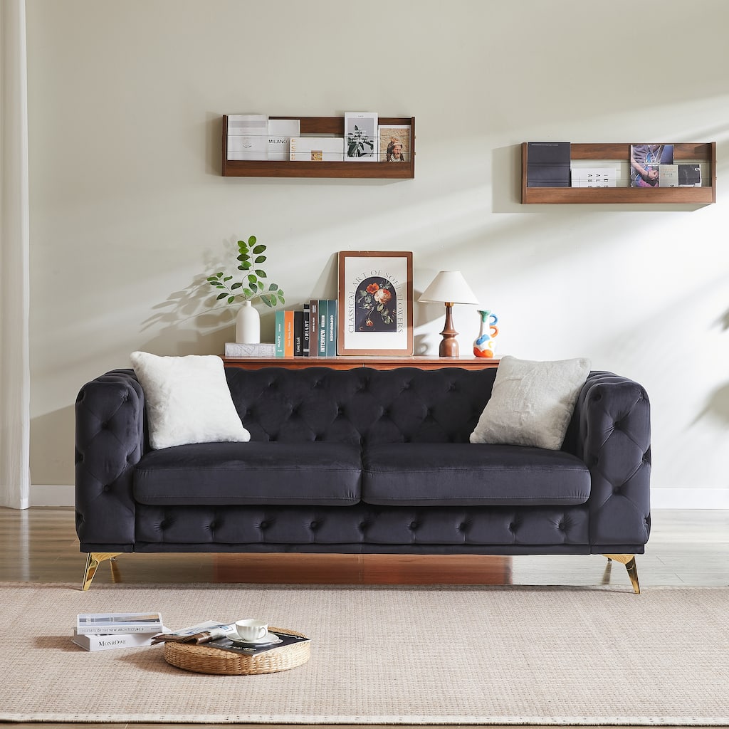 FX 82.5-inch Deluxe Velvet Sofa with Chesterfield Tufted Buttons with 2 Pillows and Metal Feet