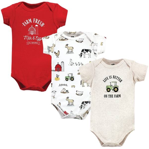 slide 1 of 1, Hudson Baby Cotton Bodysuits, Farm Fresh 0-3 Months - Farm Fresh