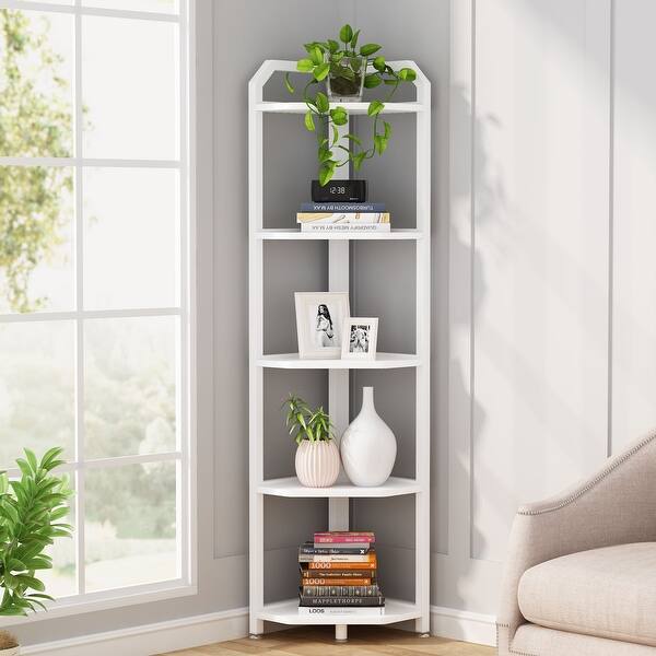 slide 8 of 14, Corner Shelves Stand, 5 Tier Corner Bookshelf and Bookcase White