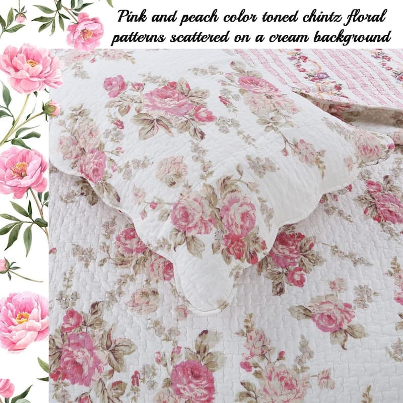 Cozy Line Pink Floral Patricia Reversible Floral 3 Piece Cotton Quilt Bedding Set