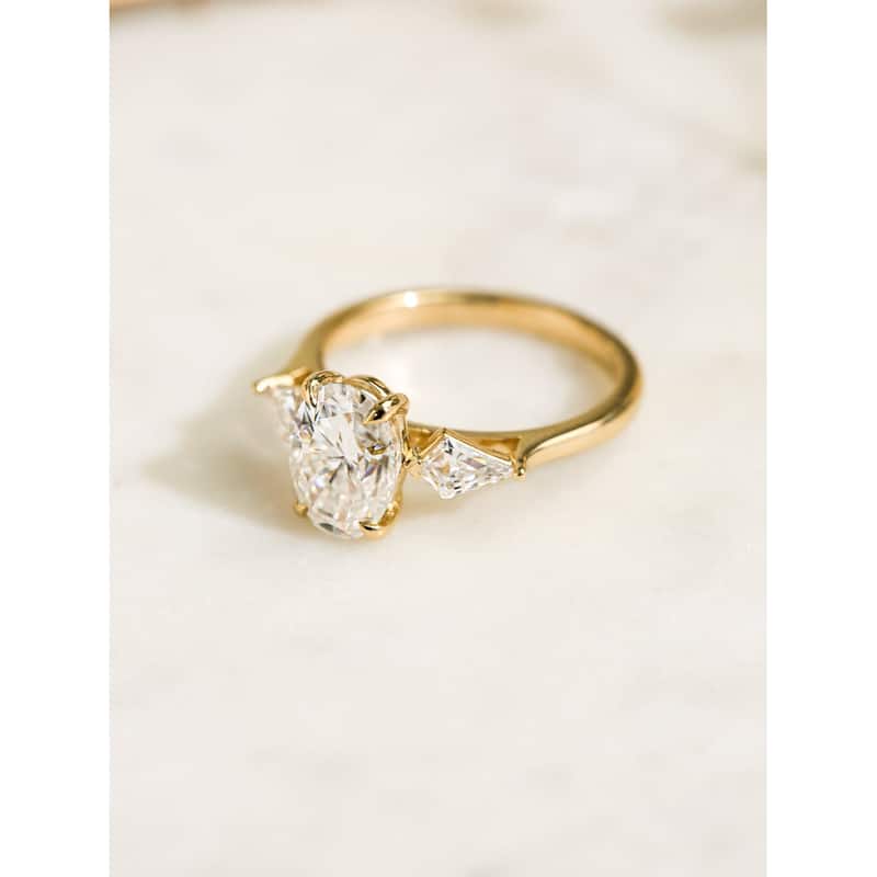 Kobelli 3.36 Carat Moissanite 14k Solid Yellow Gold Oval & Kite 3 Stone Kendra Engagement Ring
