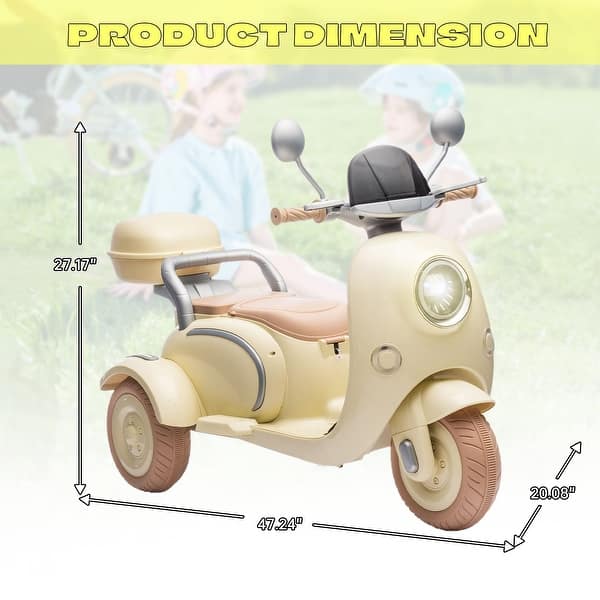 dimension image slide 2 of 3, 12V Slow Start Two-seater Three Wheels Kids Ride On Electric Motorcycle with Multi-function player&Storage Box for kids Aged 3-6