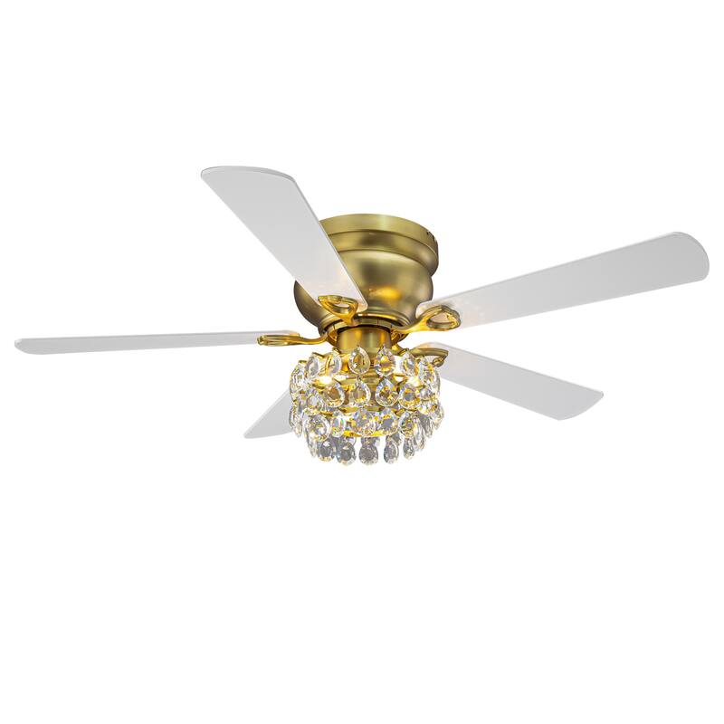 48-inch Modern Brass Crystal Low Profile Chandelier Ceiling Fan with Light and Remote Control - 48"Wx15.1"H