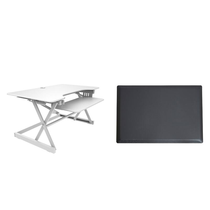 Rocelco 40 in. W White Height Adjustable Standing Desk Converter with Anti Fatigue Mat Computer Workstation Riser Keyboard Tray