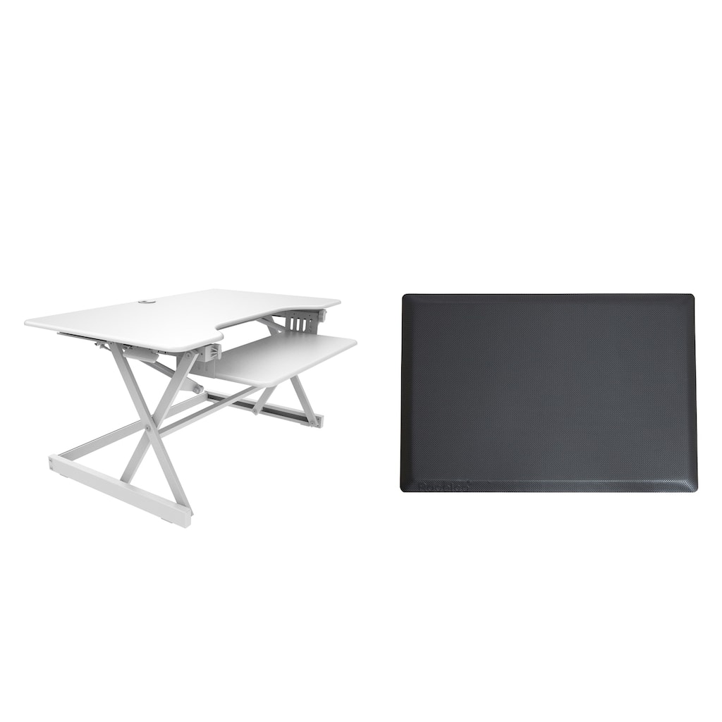Rocelco 40 in. W White Height Adjustable Standing Desk Converter with Anti Fatigue Mat Computer Workstation Riser Keyboard Tray