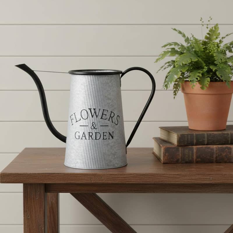 HomeRoots 10" Black And Gray Galvanized Metal Flowers And Garden Decorative Watering Can - 14.00 in. x 9.50 in. x 5.25 in. - Black/Gray - 14.00 in. x 9.50 in. x 5.25 in.