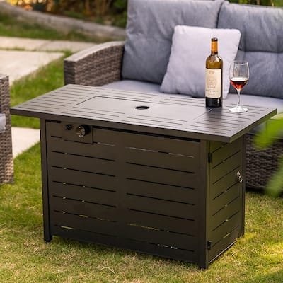 Adair Outdoor Patio 42-Inch Rectangular 60000 BTU Propane Fire Pit Table with Lava Rocks and Lid.