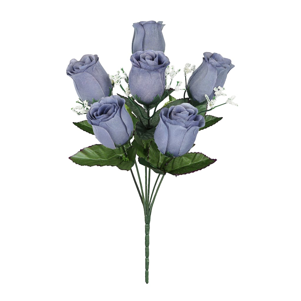 Set of 12 Blue Grey Artificial Rose Bud Flower Stem Bush Bouquet 14in - 14" L x 6" W x 6" DP