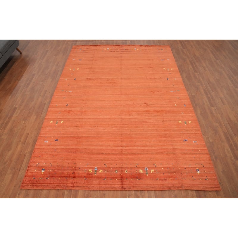 Hand Knotted Oriental Viscose Silk Carpet Tribal Animal Pictorial Oranges & Rust Gabbeh Area Rug - 11' 8'' X 8' 2''