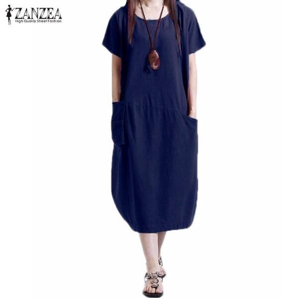 Shop Zanzea Women Summer Dress 2017 Short Sleeve Casual Loose Linen Dress Mid Calf Solid Dresses Plus Size Oversized Vestidos Overstock 27108657