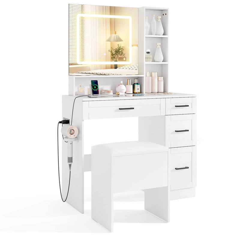 Costway 35.5" Makeup Table Set Vanity Desk with Mirror and Lights 2 - See Details - White