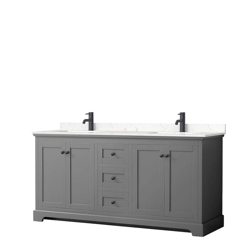 Avery 72 Inch Double Vanity, Cultured Marble Top - Dark Gray, Black Trim, Carrara Cultured Marble Top