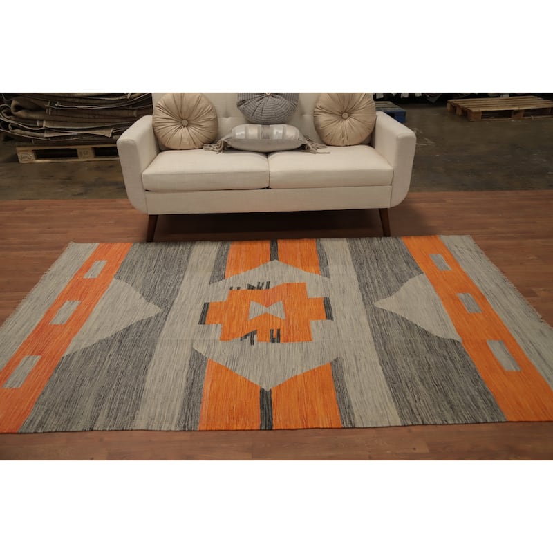 Hand Woven Oriental 100% Wool Carpet Southwestern Tribal Greys & Charcoal Kilim Area Rug - 7' 8'' X 5' 0''