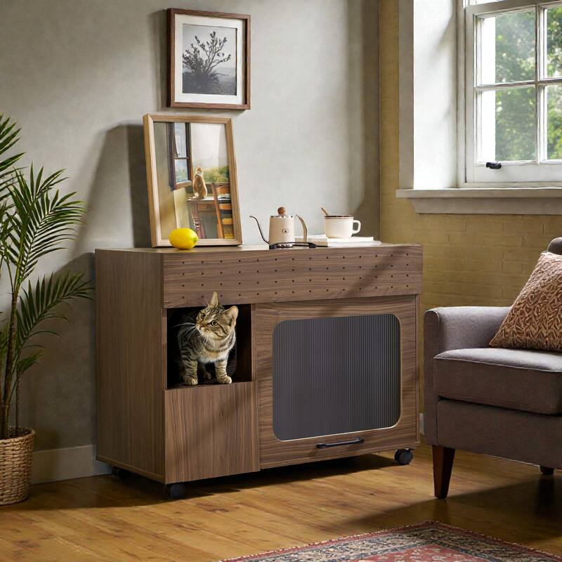 2-in-1 Cat Litter Box Enclosure Walnut Side Table, Modern Storage Cabinet with Hidden Litter Area & Wheels for Living Room