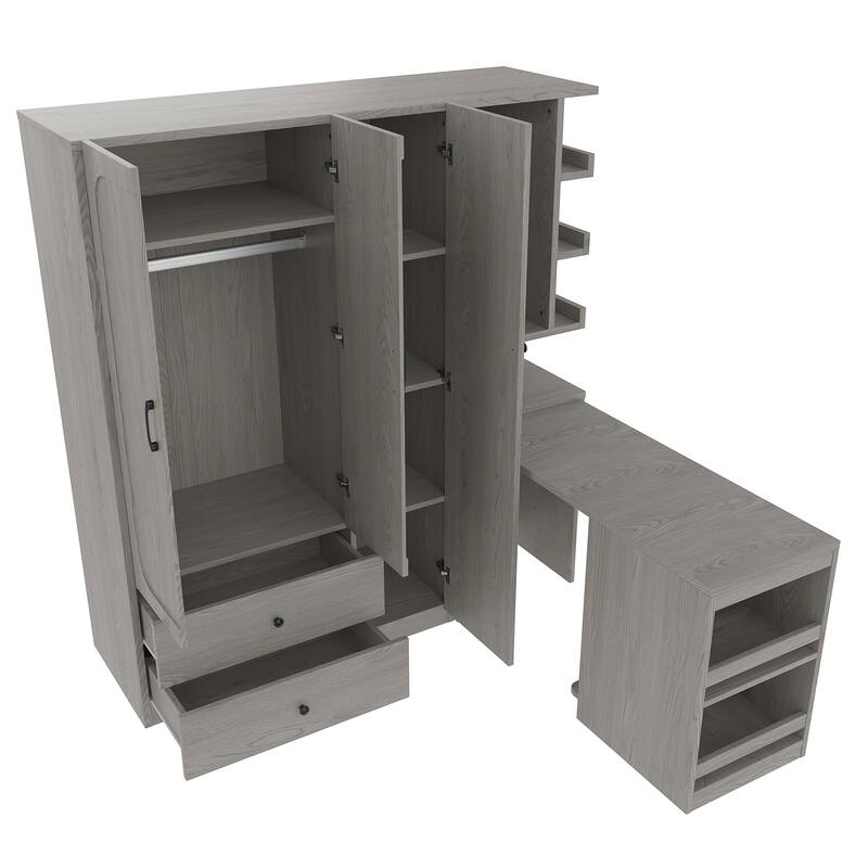 Bedroom Armoire, Wooden Wardrobe Cabinet and Foldable Desk Into One Multifunctional Unit