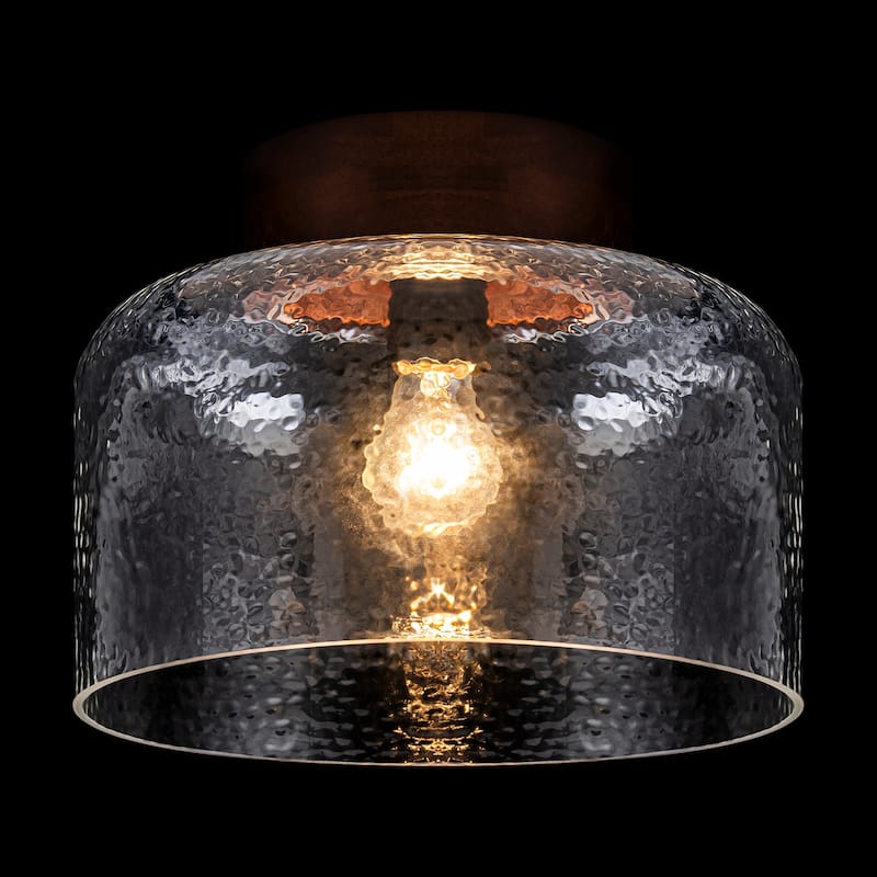 1-Light Wood Flush Mount Ceiling Light with Clear Textured Glass Shade - Dia.11.81-in
