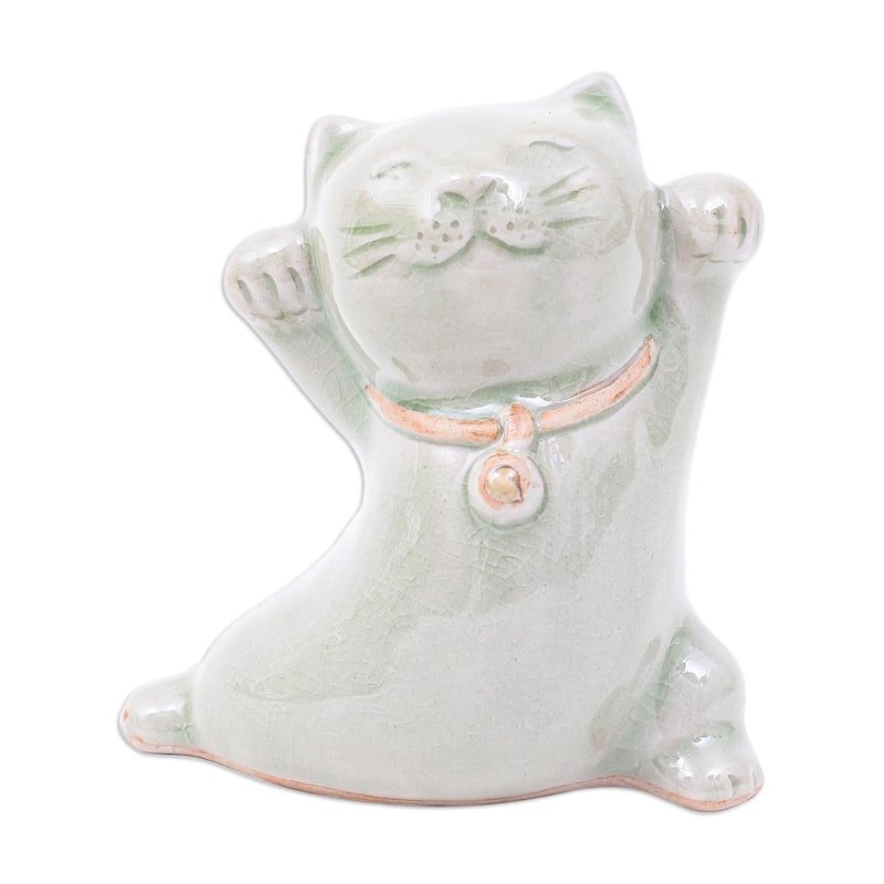 Novica Handmade Lucky And Playful Celadon Ceramic Figurine