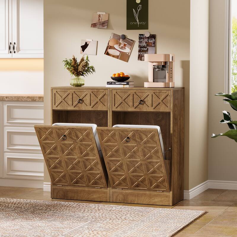 13 Gallon Wooden Fluted Tilt-Out Trash Can Cabinet with Drawer, Hidden Garbage Bin Storage Unit for Kitchen Living Room