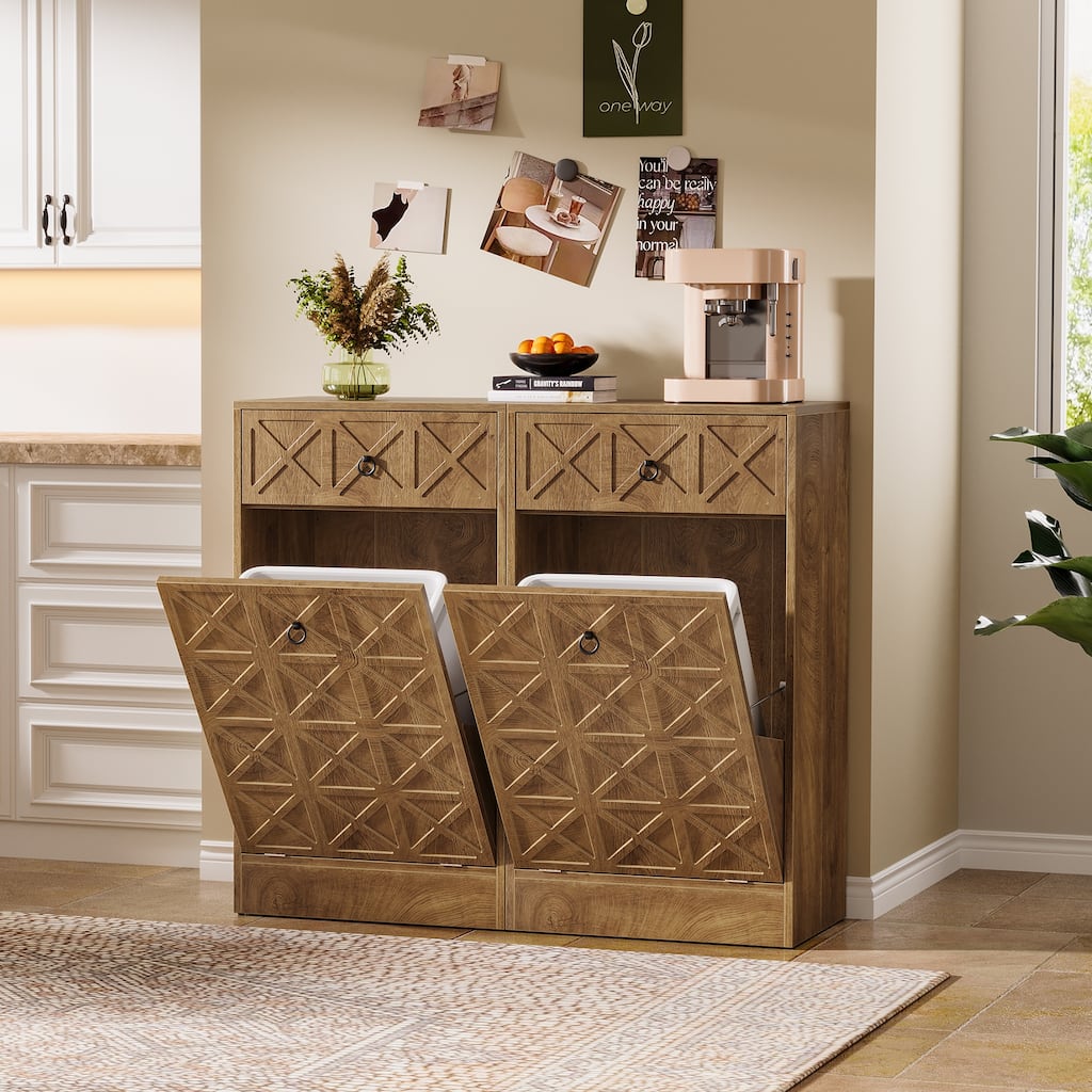 2x13 Gallons Tilt Out Trash Can, Hidden Garbage Can Cabinet with Drawer, Fluted Trash Bin Cabinets for Kitchen Living Room