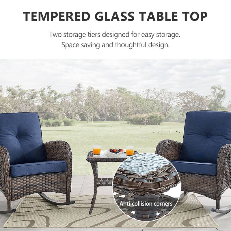 PlainCurve 3-Piece Wicker Outdoor Patio Conversation Set with Rocking Chairs and Olefin Cushions