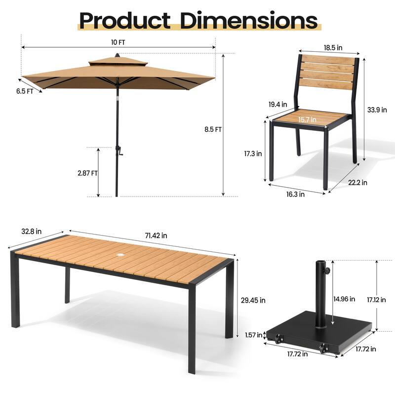 9-Piece Outdoor Patio Dining Set Wood Like Aluminum Umbrella Hole Table with Stackable Chairs, Market Umbrella and Wheel Base