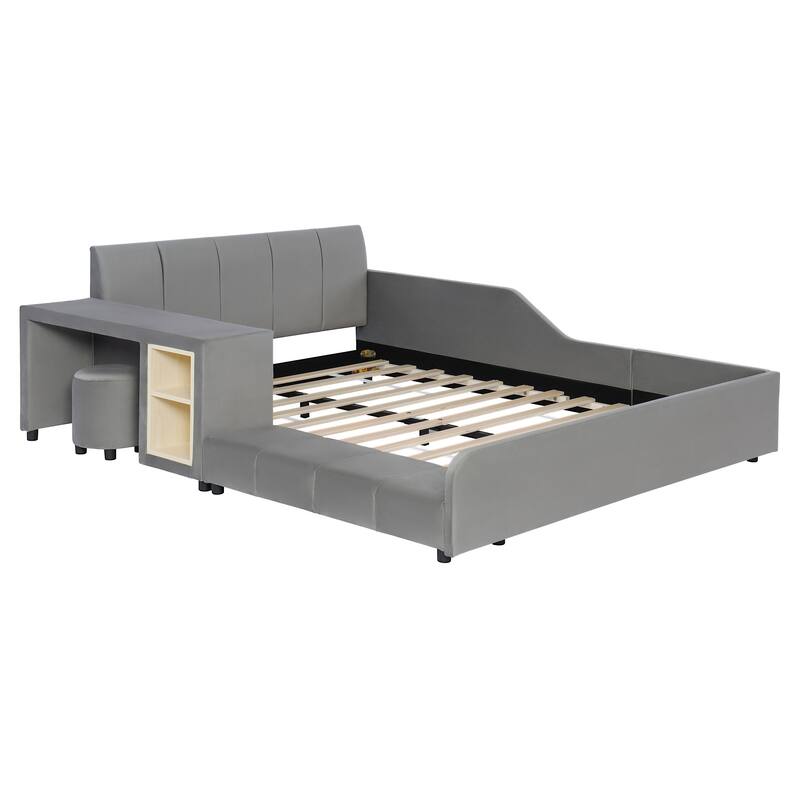 Queen Size Upholstered Grounded Bed, Mother & Child Bed with Bedside Desk and Little Round Stool, Velvet