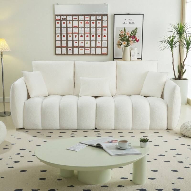 82" Teddy Fabric 3-Seater Sofa with Solid Wood Frame, 6 Premium Cushions and 750lb Weight Capacity - Beige