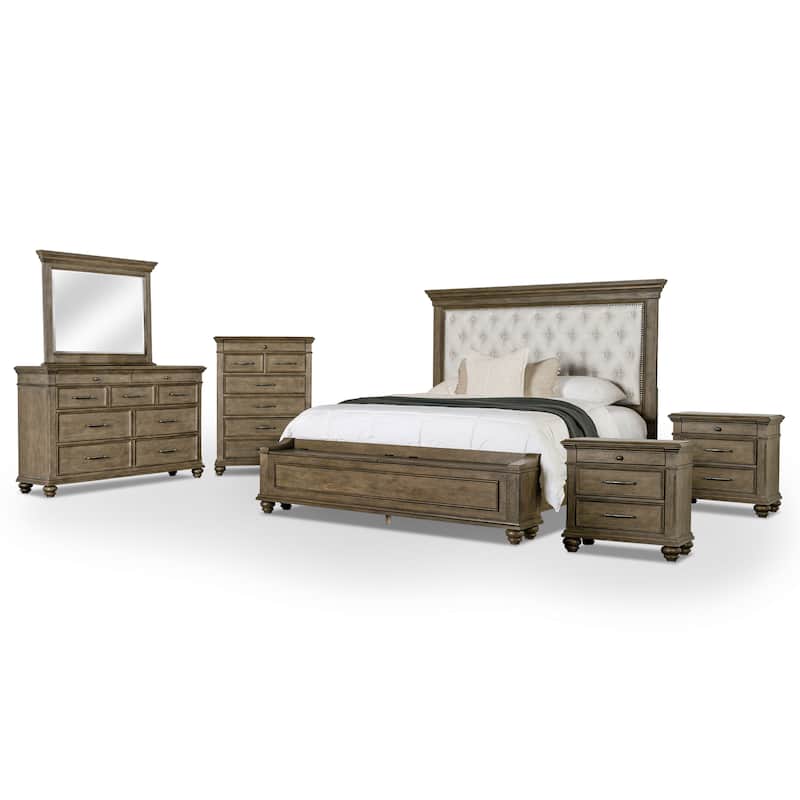 Furniture of America Rubb 6-Piece Aged Oak Wood Tufted Panel Bedroom Set with Storage Footboard Bench