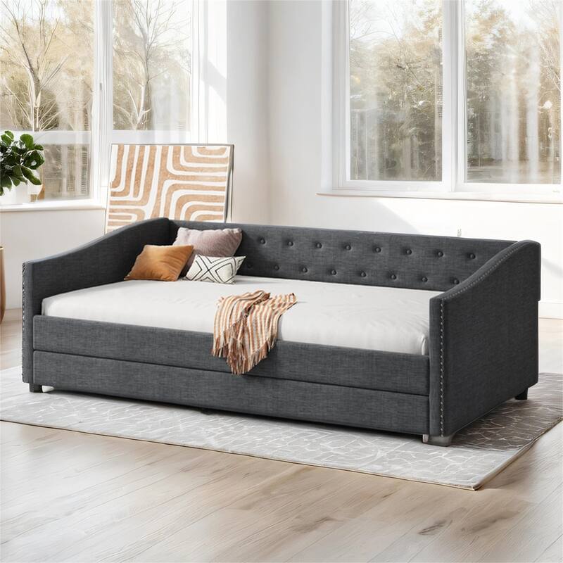 Upholstered Tufted Twin Size Daybed with Twin Size Trundle Sofa Bed