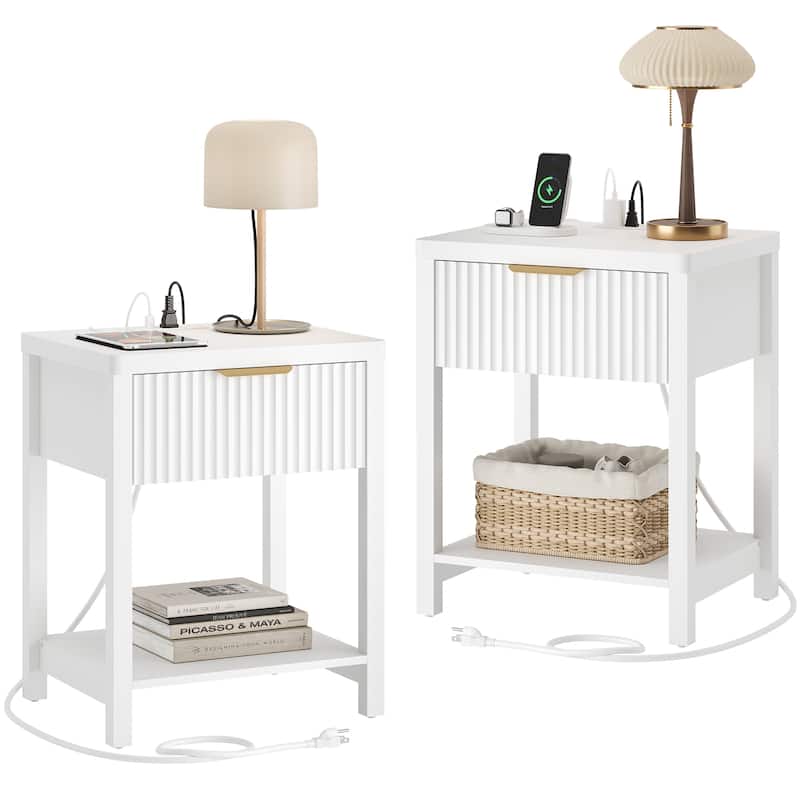 Nightstand with Drawers Fluted Bedside Table with Charging Station