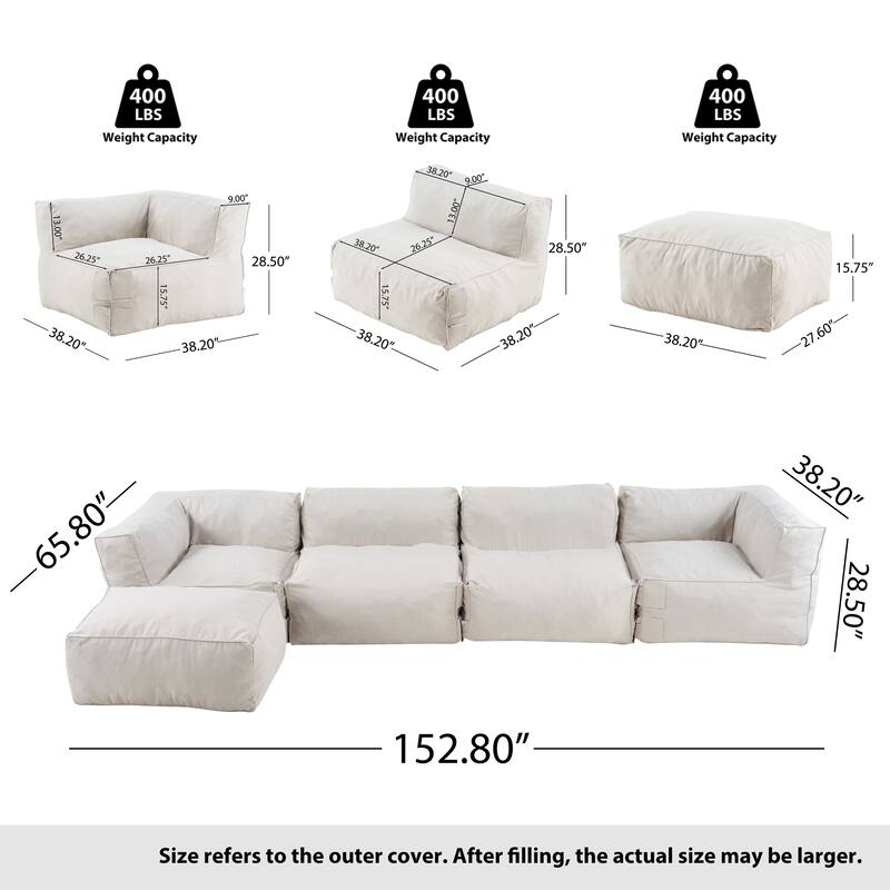 Christopher Knight Home - Nerissa 5-Piece Modular Outdoor/Indoor Bean Bag Sectional Sofa Set with Shredded Foam Filled & Ottoman