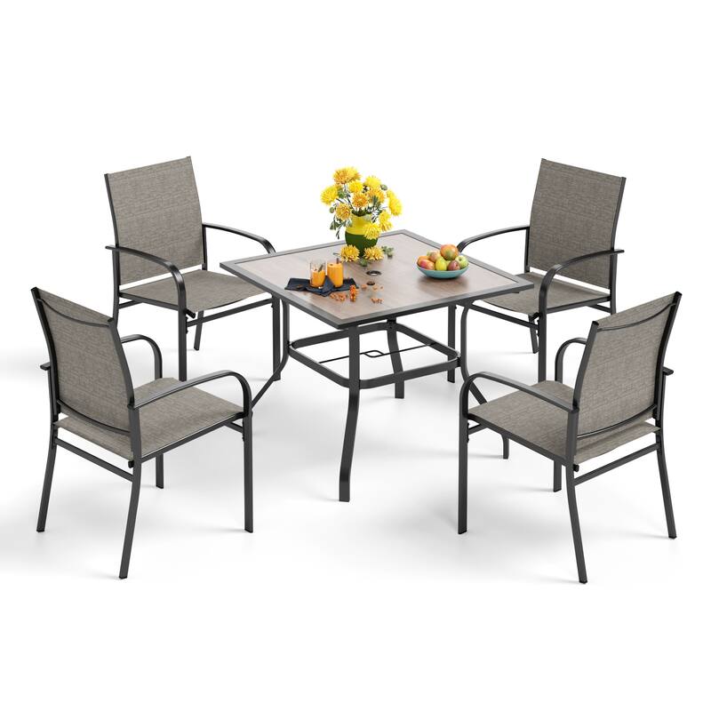 MAISON ARTS 5-Piece Outdoor Dining Set Wood-look Square Table & 4 Textilene Dining Chairs