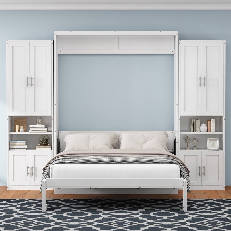 European Style Murphy Bed with Dual Piston System and Side Cabinet, Space-Saving Foldable Wall Bed Wood Bed Frame
