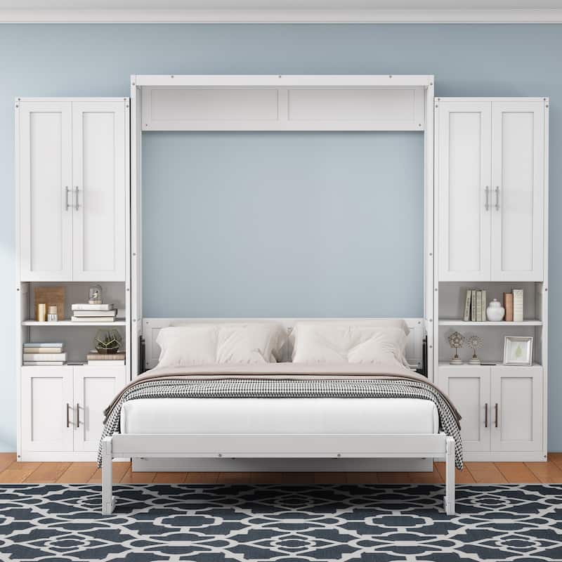 Queen/Full Size White Murphy bed with side cabinets and storage shelves - Two cupboards - Queen