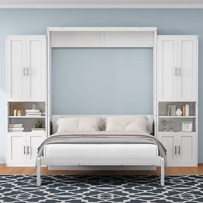 Queen/Full Size White Murphy bed with side cabinets and storage shelves
