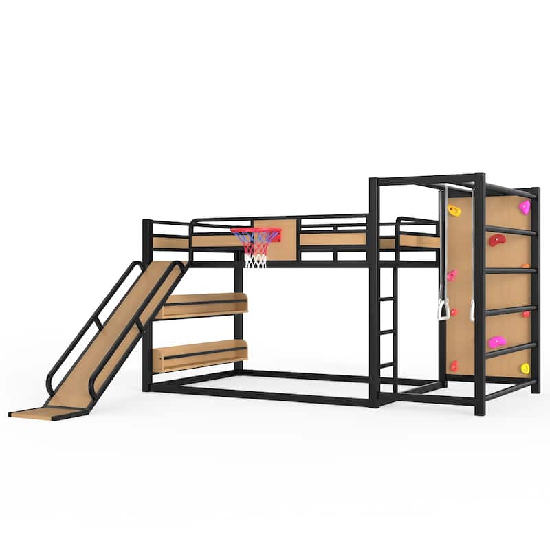 Full/Twin Metal Loft Bed with Basketball Hoop, Climbing Wall & Slide