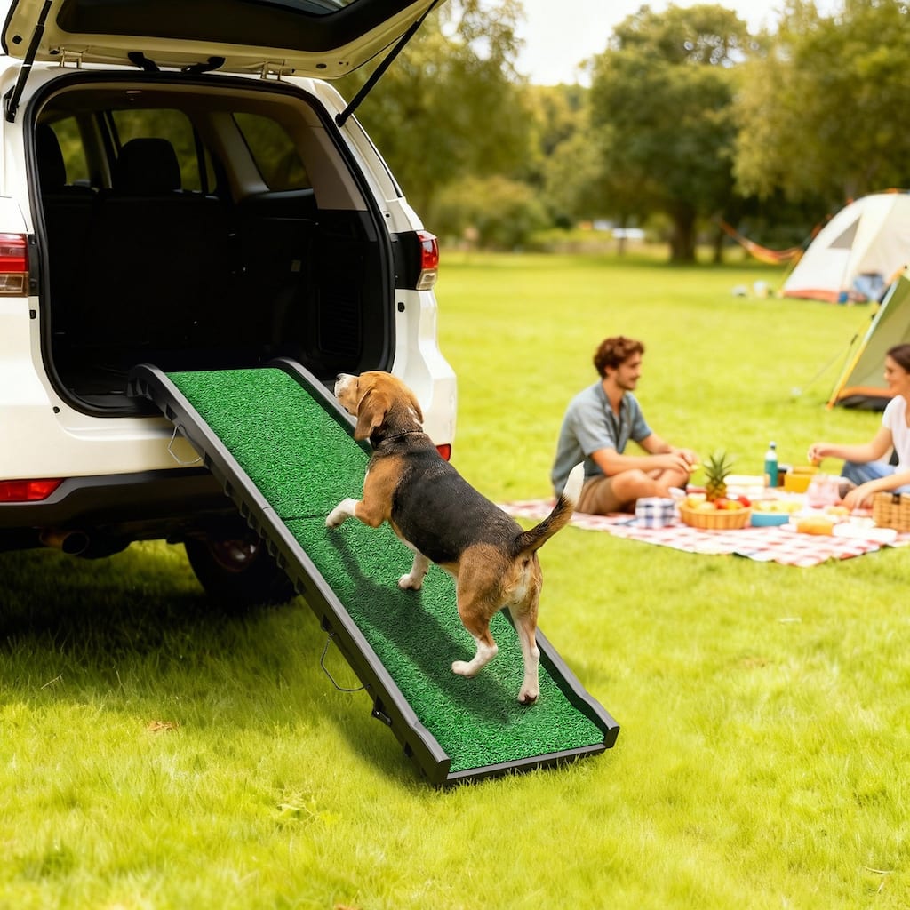 PawHut Folding Dog Ramp for Car, Truck, SUV, 61 Inches Portable Pet Ramp with Grass Surface, Non Slip with Raised Side Rails