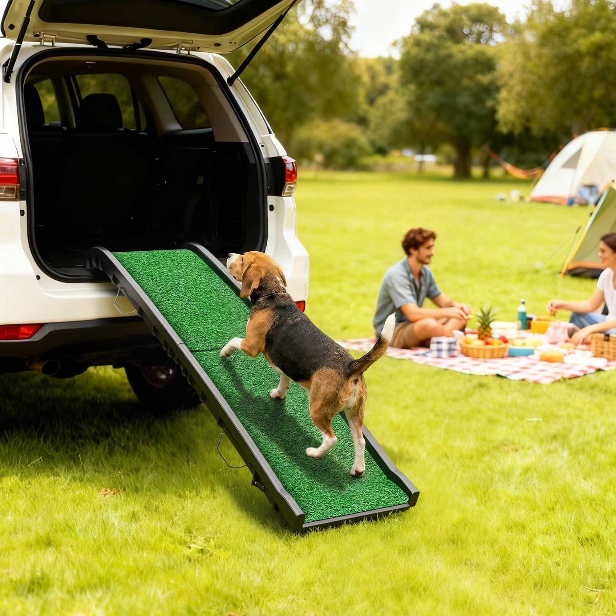 PawHut Folding Dog Ramp for Car, Truck, SUV, 61 Inches Portable Pet Ramp with Grass Surface, Non Slip with Raised Side Rails
