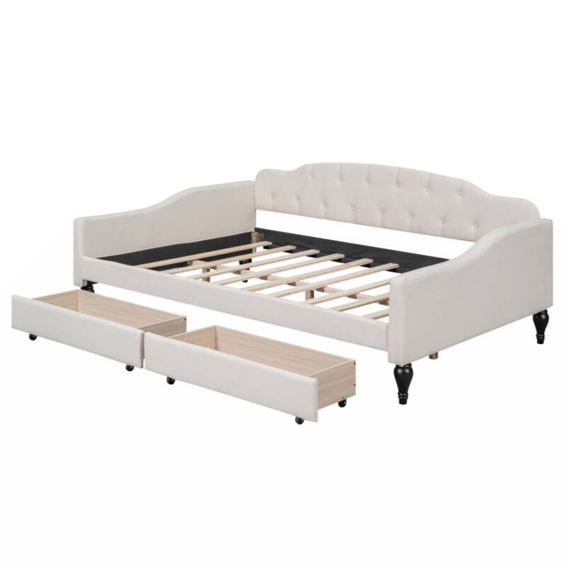 Full Size Upholstered Tufted Daybed with Two Drawers, Beige