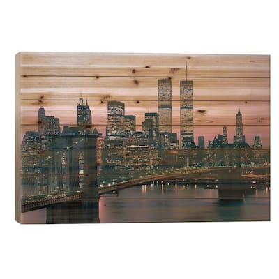 1980s New York City, NY Downtown Skyline At Dusk Print On Wood by Vintage Images - Multi-Color
