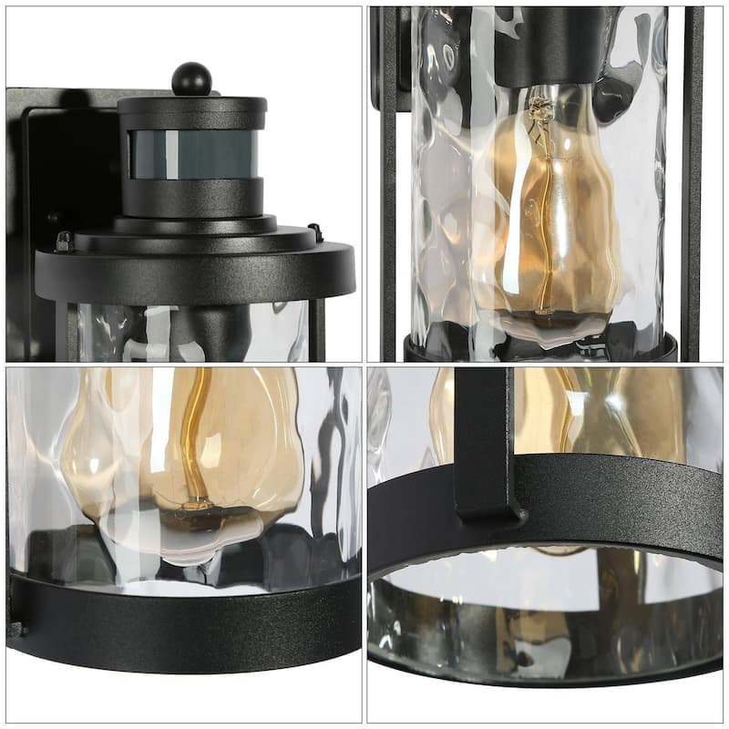 Modern 1-Light Black Motion Sensor Outdoor Barn Light Armed Wall Sconce with Clear Waterfall Glass - 6.7" D x 10.5"H