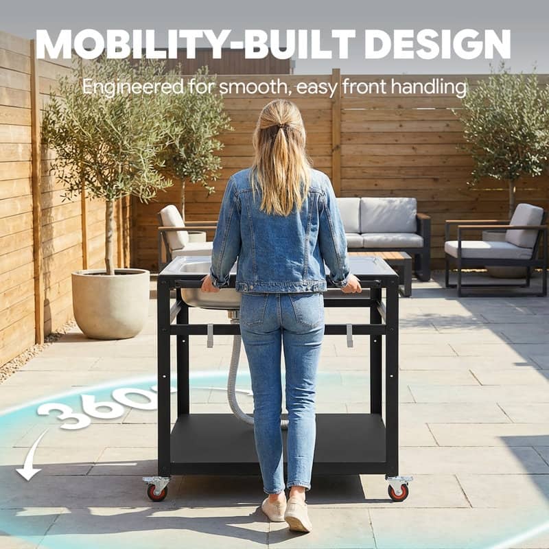 FEASTO 35-Inch Outdoor Grill Cart with Stainless Steel Sink, Rolling BBQ Prep Table with Faucet, Storage Shelves and Wheels