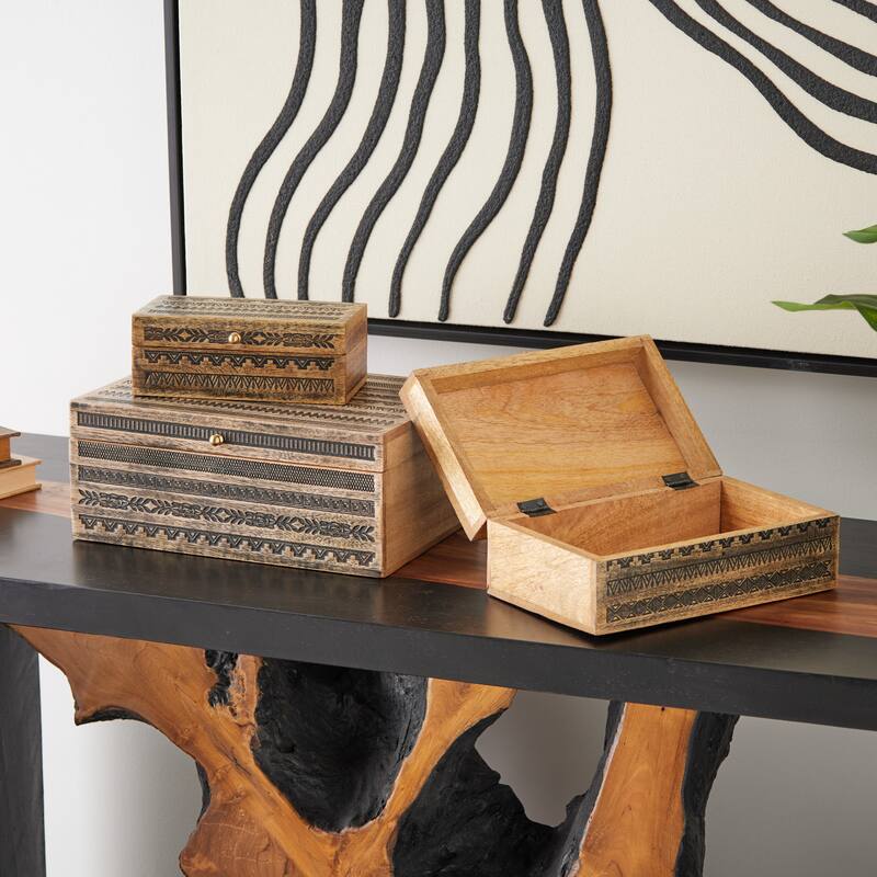 Brown Mango Wood Handmade Storage Scroll Box with Gold Accents (Set of 3)