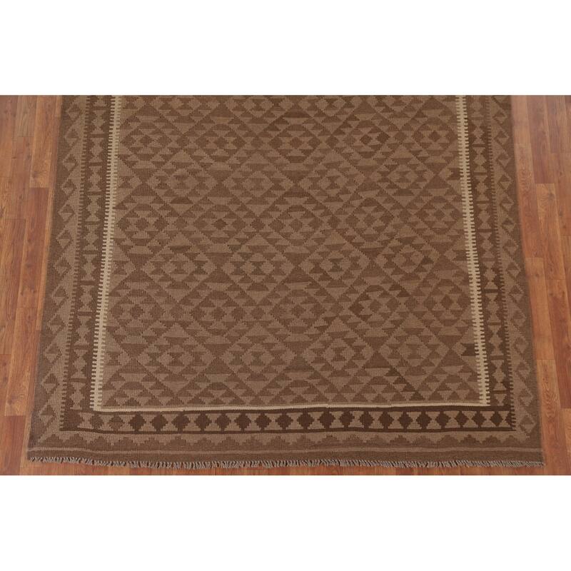 Hand Woven Oriental 100% Wool Carpet Southwestern Geometric Brown Kilim Area Rug - 9' 11'' X 6' 7''