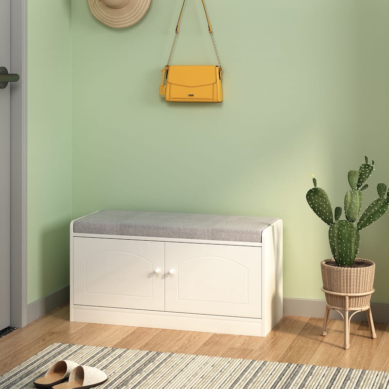 Shoe Storage Bench with 2 Door Cabinet,Entryway Bench with Storage,Shoe Bench with Cushion,Adjustable Shelves,Shoe Rack Bench