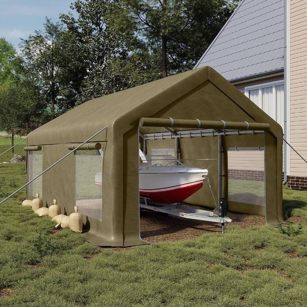 12x20 Ft Carport with Roll-Up Doors and 4 Windows for Bass Boats, Tractors, and SUVs - 12X20 Ft