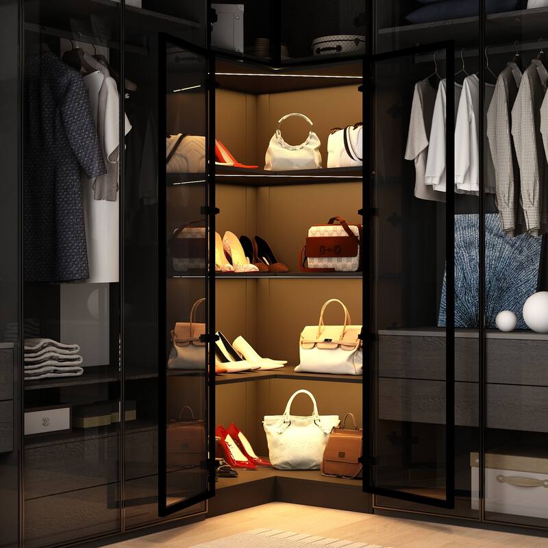 Black Glass Door Combo Wardrobe with Multi-Color Light Strips