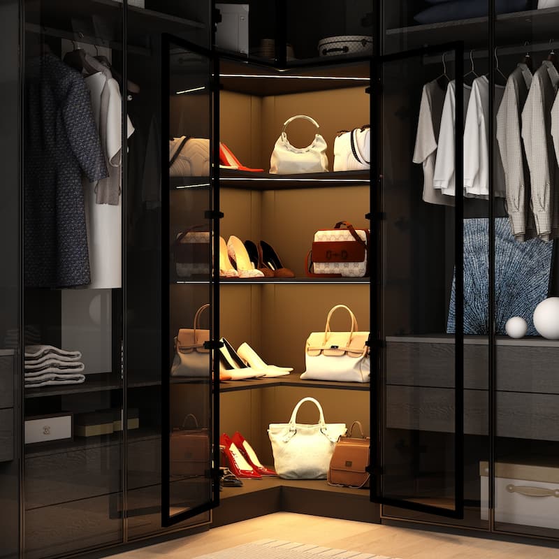 Black Glass Door Wardrobe Set with Lighting Strips, Storage Cabinet